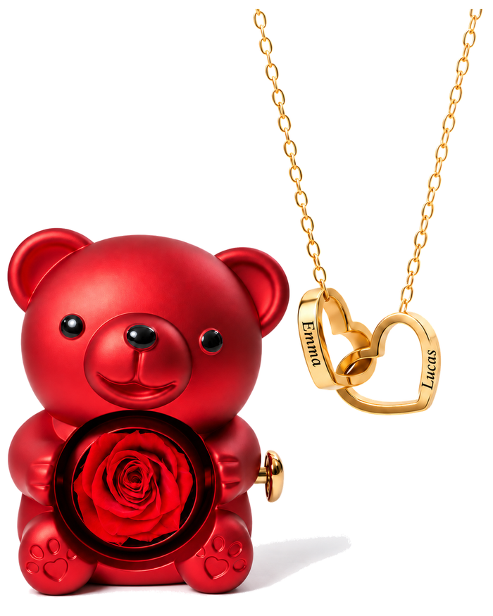 Ourson Rose Éternelle & Collier Personnalisé