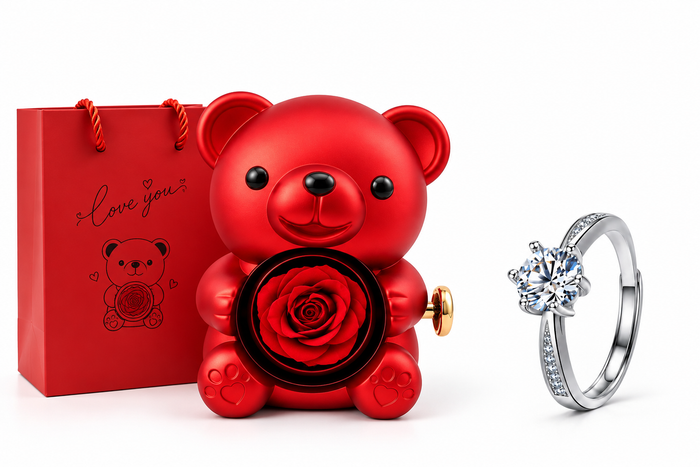Ourson Rose Éternelle & Bague