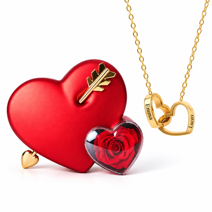 Cœur Rose Éternelle & Collier Personnalisé